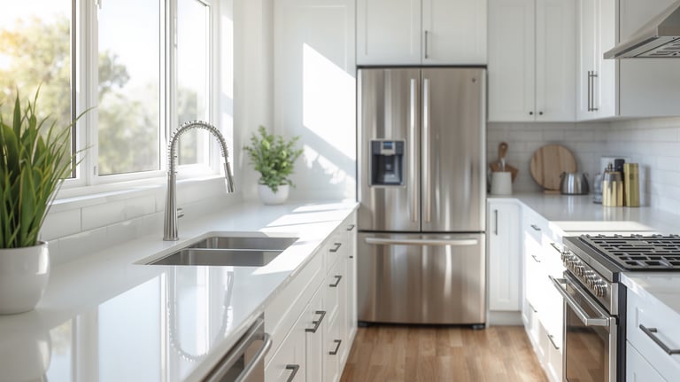 Modern white kitchen with stainless steel appliances, quartz countertops, and a silver pull-down faucet.