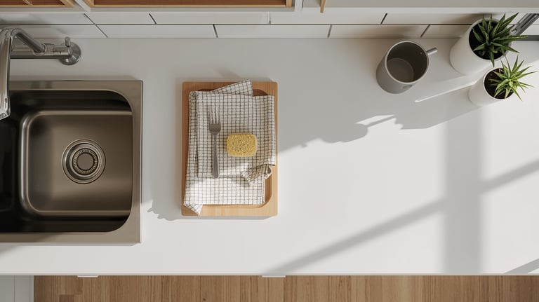 Top view of a clean white kitchen countertop with a stainless steel sink, wooden tray, and potted plants.