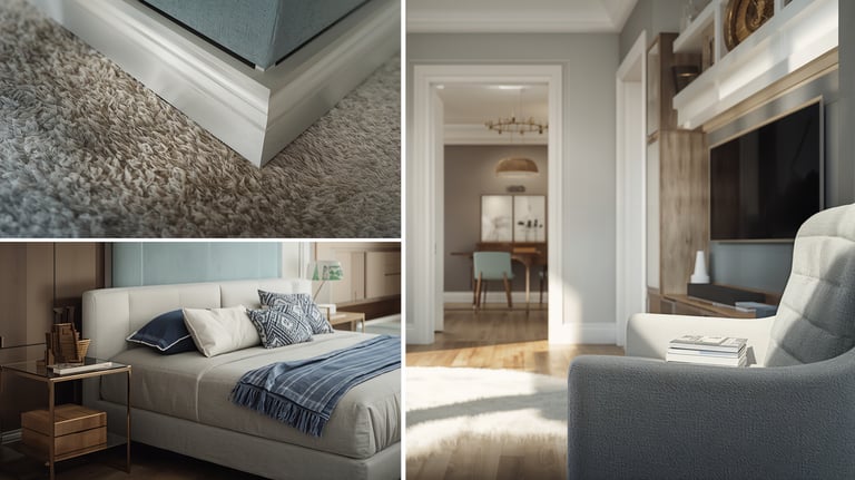 Modern luxury home interior featuring a plush bedroom, white baseboard molding, and an elegant living room.