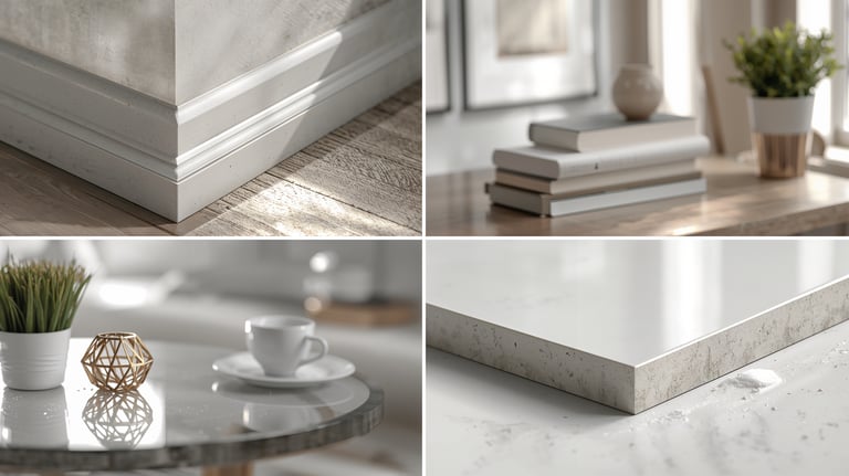 Modern home interior collage featuring a marble kitchen, bright living room, and minimalist master bedroom.