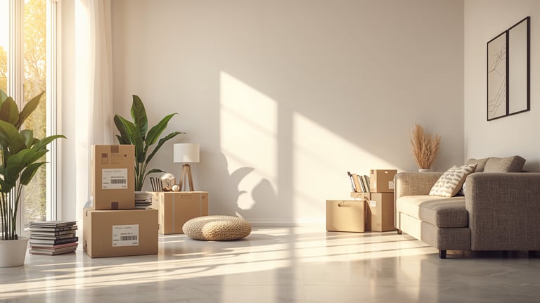 Cardboard moving boxes and plants in a bright, sunlit modern living room during a home relocation.