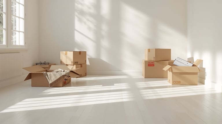Cardboard moving boxes in a bright, empty room with sunlight streaming onto the floor.