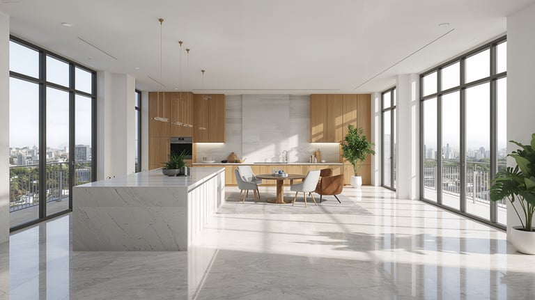 Modern luxury penthouse kitchen featuring white marble floors, light wood cabinetry, and floor-to-ceiling windows with city