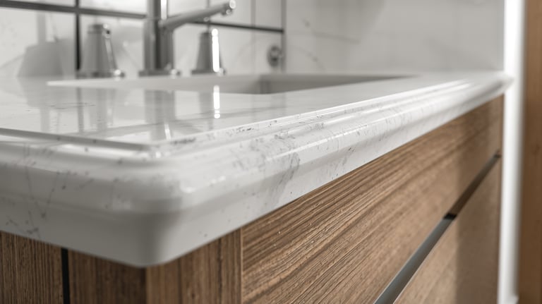 Close-up of a white marble countertop with an ogee edge on a modern wood bathroom vanity.