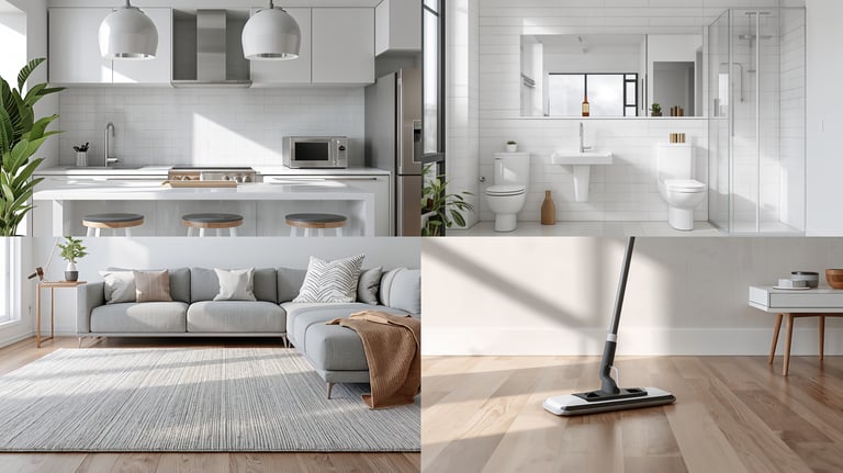 Modern home interior collage showing a clean kitchen, bathroom, living room, and a mop on a hardwood floor.