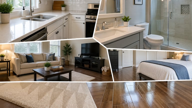 Collage of modern home interior renovations including a white kitchen, bathroom, living room, and hardwood flooring.