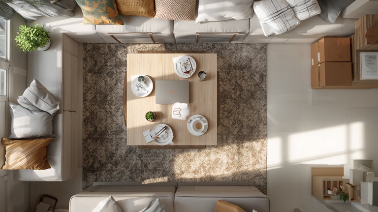 Top-down view of a modern living room with a laptop on a wooden coffee table, surrounded by cozy sofas and a plush rug.