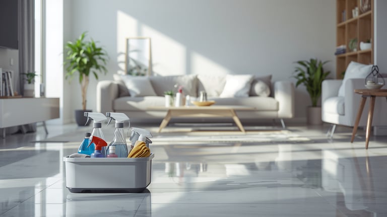 House cleaning supplies in a plastic caddy on a clean tile floor in a bright living room.