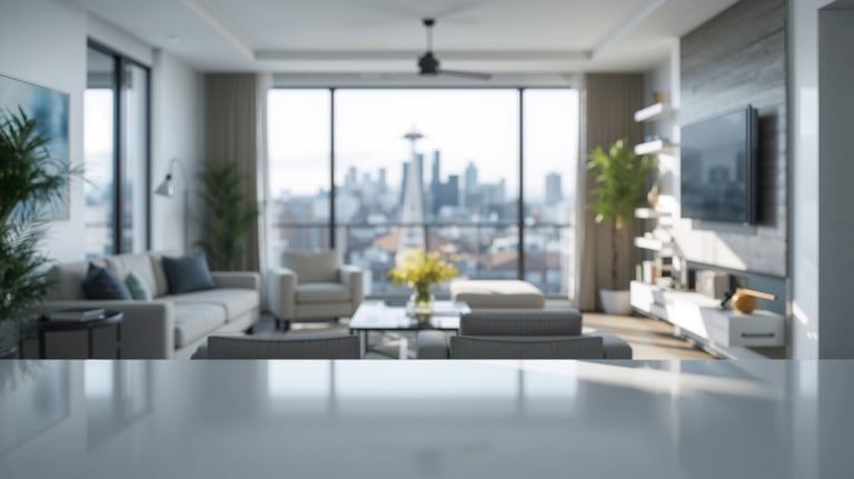 Modern luxury living room interior with floor-to-ceiling windows overlooking a city skyline view.