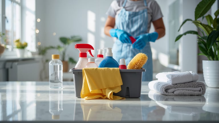 Professional house cleaning supplies in a caddy with spray bottles and microfiber cloths on a marble counter.