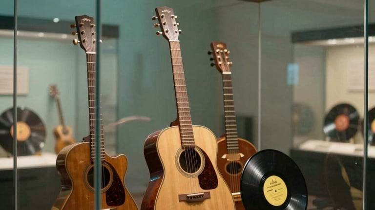 Detailed shot of unique Beatles memorabilia, including vintage instruments and rare records, presented behind crystal clear museum glass in a premium Buenos Aires venue. Lighting is soft teal and warm gold.