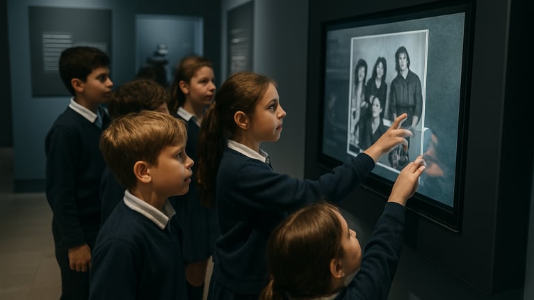 Children in an Argentine school group engaging with an interactive touch-screen display featuring band history. The museum interior is clean, with gray and navy accents.