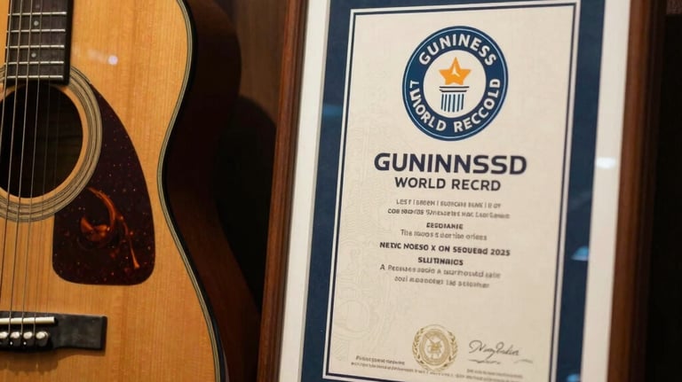 A close-up photograph of an official Guinness World Record certificate displayed elegantly next to a classic 1960s style guitar. The setting is a South American museum with premium finishings.