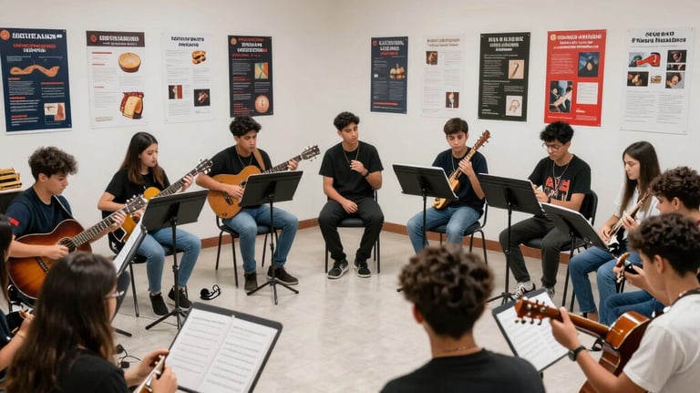 A vibrant, bright photograph of a group of Argentine students participating in a musical workshop, surrounded by educational posters and instruments in a clean, modern facility.
