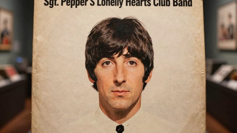 A close-up, high-detail photograph of a rare, vintage Beatles vinyl record album, such as 'Sgt. Pepper's Lonely Hearts Club Band', showcasing its iconic artwork and subtle historical wear. It is displayed within a sophisticated, dimly lit museum exhibit, with soft, directional spotlights emphasizing its premium nature. The style is nostalgic, reverential, and timeless, evoking the band's enduring legacy. The composition is a tight shot, with a shallow depth of field to highlight the record. The background subtly suggests a curated collection in a refined South American museum setting.