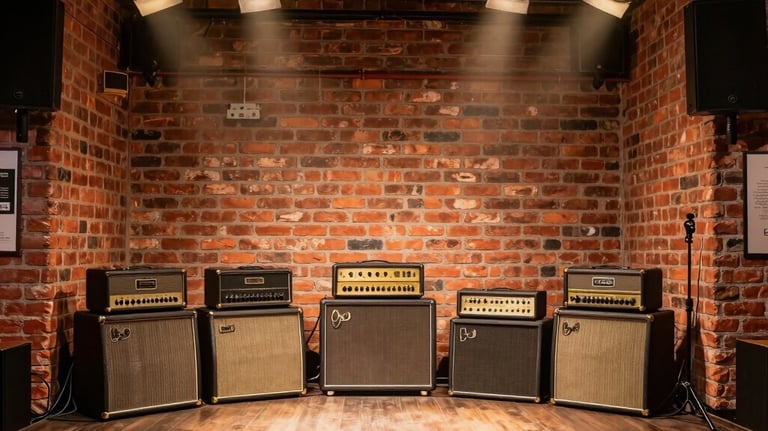 A beautiful shot of a replica of the legendary Cavern Club stage within the museum, featuring brick walls, vintage amplifiers, and golden spotlights, evoking a nostalgic music club feel.