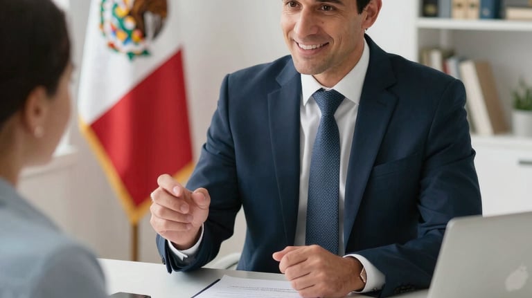 A friendly insurance agent discussing options with a client in a cozy office