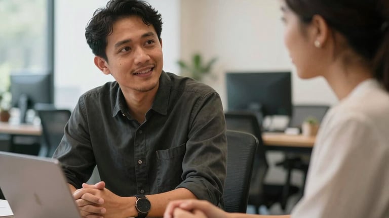 A career mentoring session between two Indonesian professionals in a light-filled coworking space.