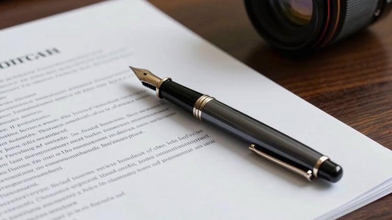 Close-up of professional legal documents and a fountain pen on a dark wood desk in an Indonesian office setting.