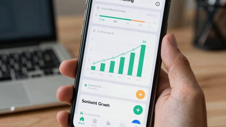A professional digital marketing workspace with a smartphone displaying a social media growth dashboard.