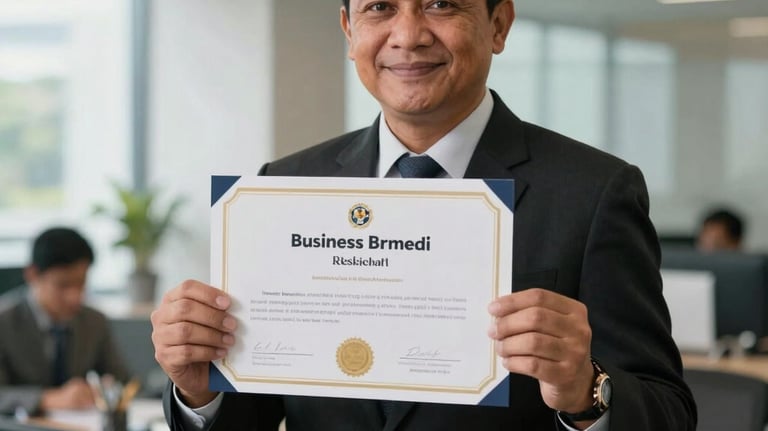An Indonesian professional holding a certificate of business registration in a bright, modern corporate environment.