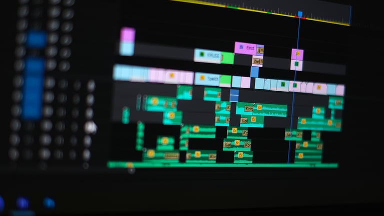 Professional video editing software timeline with color-coded audio and video tracks on a computer monitor.