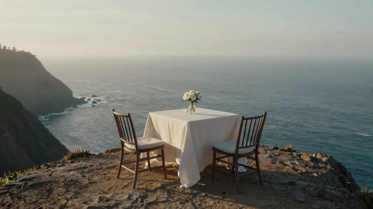 A luxury elopement setup on a North American / US clifftop. A small table with a soft off-white cloth and two chairs faces the ocean. The lighting is soft morning mist.