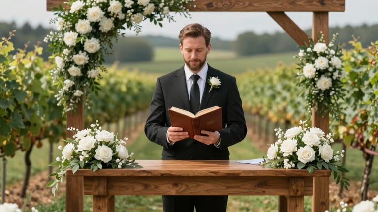 A celebrant standing at a beautiful wooden altar decorated with white flowers at a North American / US vineyard. The celebrant looks warm and welcoming, holding a leather-bound book.