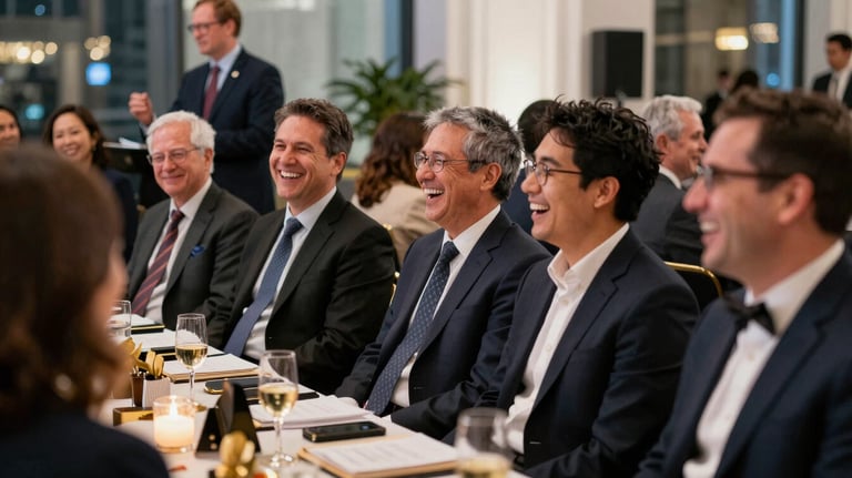 A group of people laughing at a corporate awards dinner in a North American / US city. An MC is visible in the background, interacting with the crowd. The atmosphere is sophisticated and celebratory.