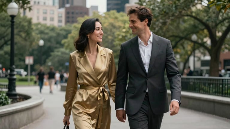 A stylish couple walking through a North American / US city park after their vow renewal. They are dressed in sophisticated, modern attire with muted gold accents. The mood is joyful and relaxed.