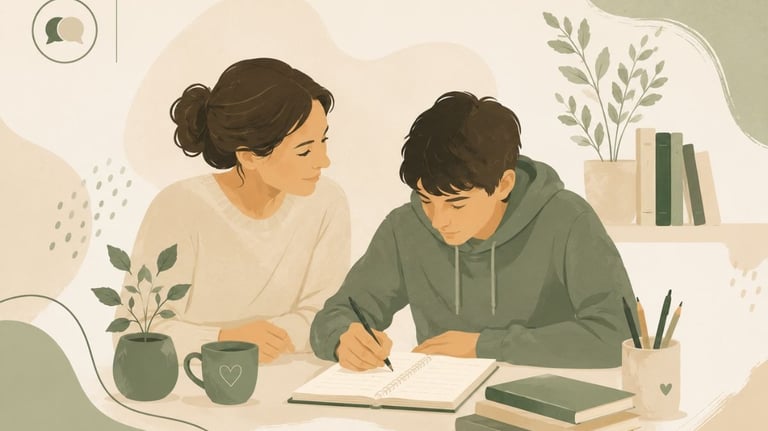 Ilustrație cu un părinte care oferă sprijin emoțional unui adolescent în perioada examenelor
