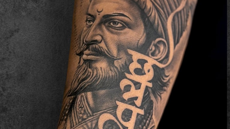 Black and grey portrait tattoo created by professional tattoo artist in Navi Mumbai