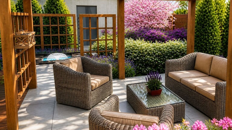 Luxury patio garden with wicker furniture, a wooden pergola, and blooming pink cherry blossoms.