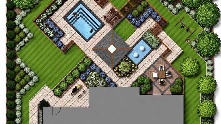 Aerial view of a modern Toronto backyard landscape design with swimming pool, stone patio, cabana, and garden planting
