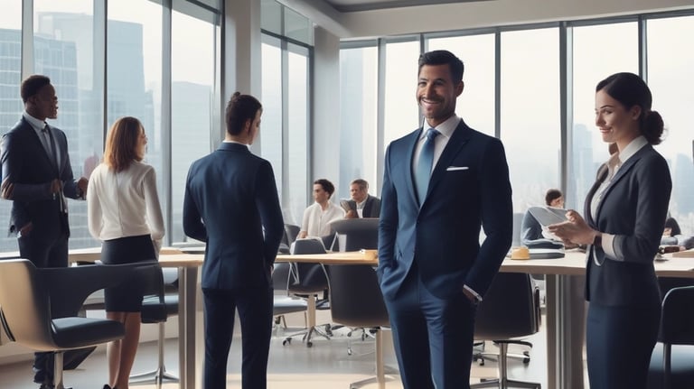 A small business owner reviewing leasing options with a financial advisor in a modern office.