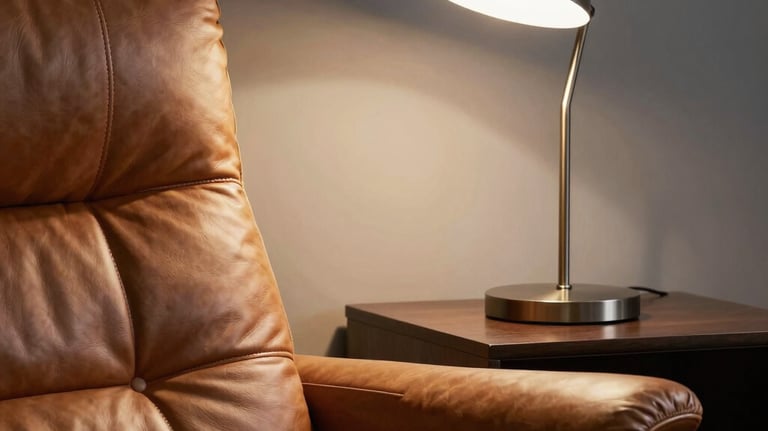 Close-up of a high-quality leather chair and a sleek modern lamp in a quiet, shadowy study, emphasizing an atmosphere of exclusive personal development.