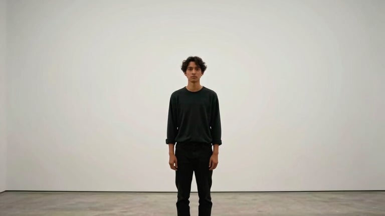 A wide shot of a solitary figure standing in a minimalist art gallery in North America, embodying quiet intensity and a calm, powerful presence.