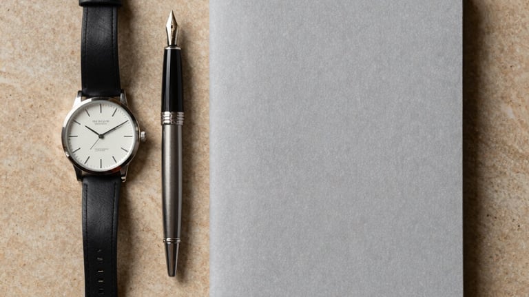Top-down view of a minimalist desk setup in the US, featuring an analog watch, a premium fountain pen, and a blank slate gray journal on a warm stone surface.