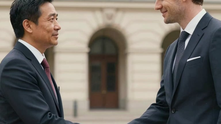 A photograph showing a handshake between two professionals, one Southeast Asian and one European, in front of an architectural background in Germany. Warm and respectful lighting.
