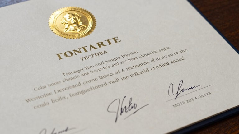 A close-up photograph of a formal certificate with a gold embossed seal and official signatures, resting on a dark wood desk. The lighting is soft and focused, highlighting the texture of the high-quality paper.