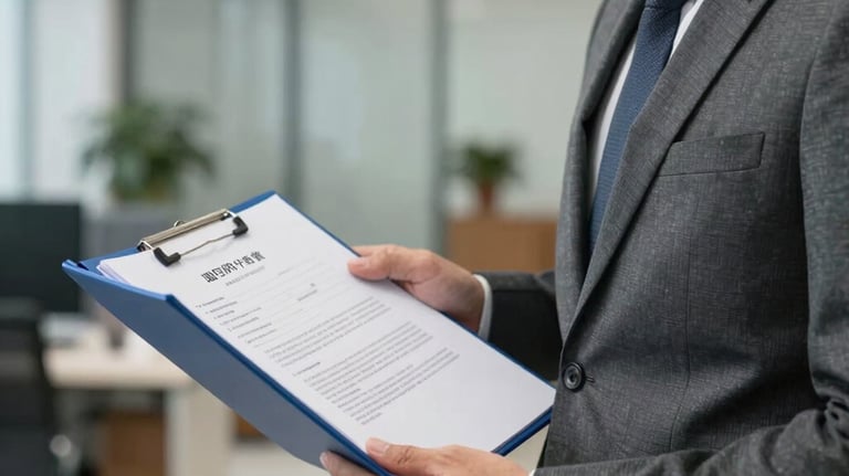 A sharp, professional photograph of a Southeast Asian person in business attire holding a blue folder containing official documents. The background is a blurred modern office setting.