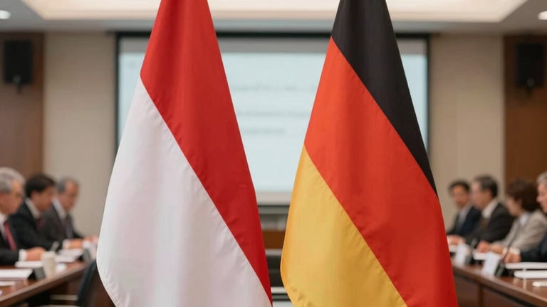 A bright photography shot of the flags of Indonesia and Germany standing side by side in a professional conference room, symbolizing international partnership and official cooperation.