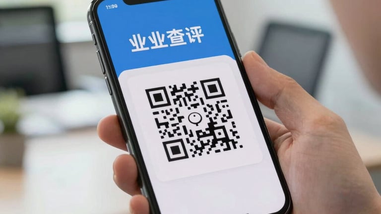 A close-up shot of a smartphone screen displaying an official QR code for business registration, held by a professional in a modern office. Bright, natural lighting.