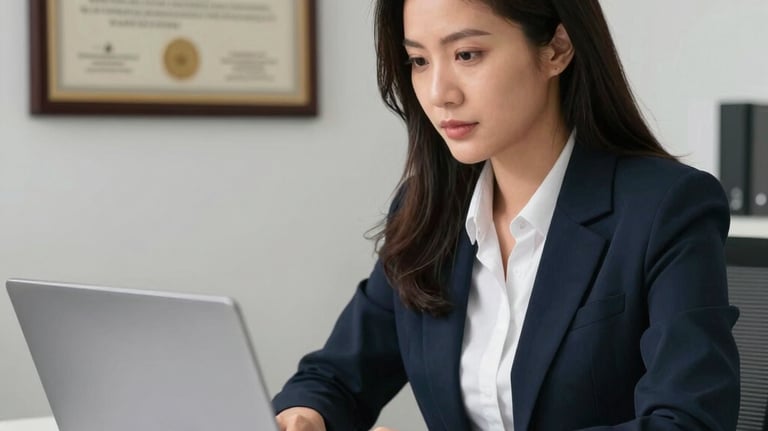 A high-quality photo of a Southeast Asian woman at a clean, white desk using a laptop, with a professional certification plaque visible on the wall behind her. The atmosphere is productive and professional.