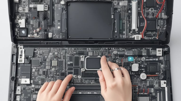 Technician fixing a computer with tools on a desk