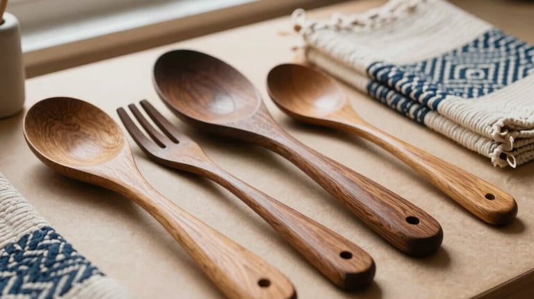 A detailed photograph of a North American artisan’s workspace, featuring hand-carved wooden kitchen utensils and woven textile crafts resting on a tan surface with natural window light.