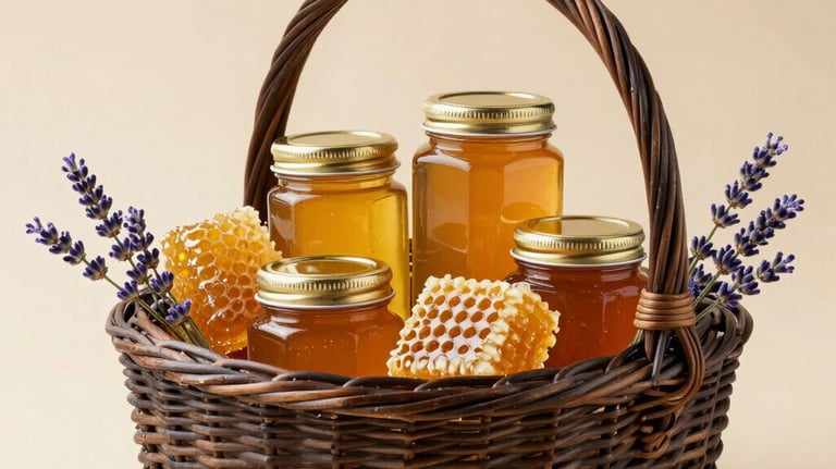A bright, clean product photograph of a dark brown wicker basket overflowing with golden honey jars, artisanal honeycomb, and sprigs of lavender, set against a natural beige background in a North American farmhouse style.