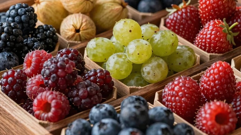 A vibrant, close-up photograph of a variety of freshly picked North American berries and stone fruits arranged in rustic wooden crates, highlighting textures and deep natural colors.