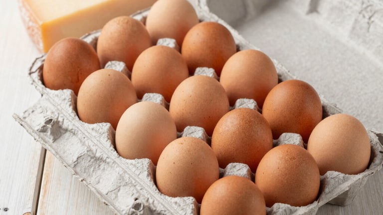 A clean, bright photograph showing a dozen organic brown eggs in a pulp carton alongside a block of artisanal cheese on a rustic cream-colored wooden table.