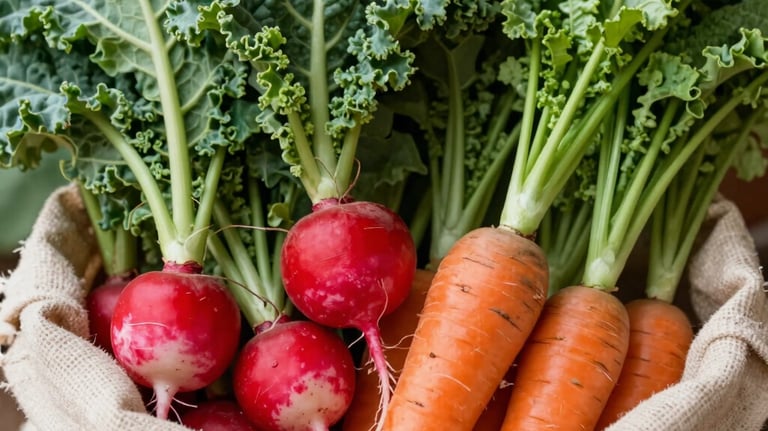A close-up shot of vibrant green kale, bright red radishes, and earthy carrots with their tops still on, arranged neatly on a cream-colored burlap sack in a North American farm setting.